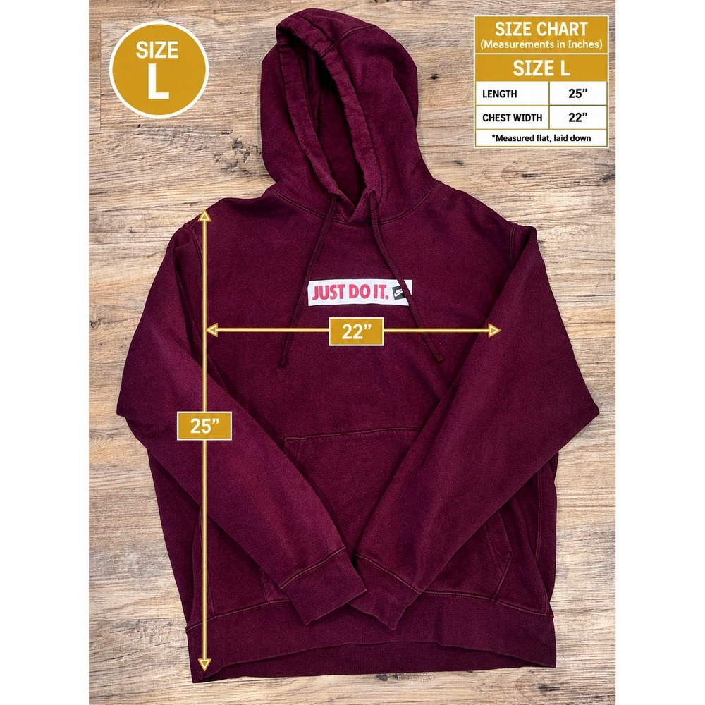 Nike Just Do It Burgundy Pullover Hoodie Men Large Fleece Sweatshirt Logo Sports - Picture 5 of 12